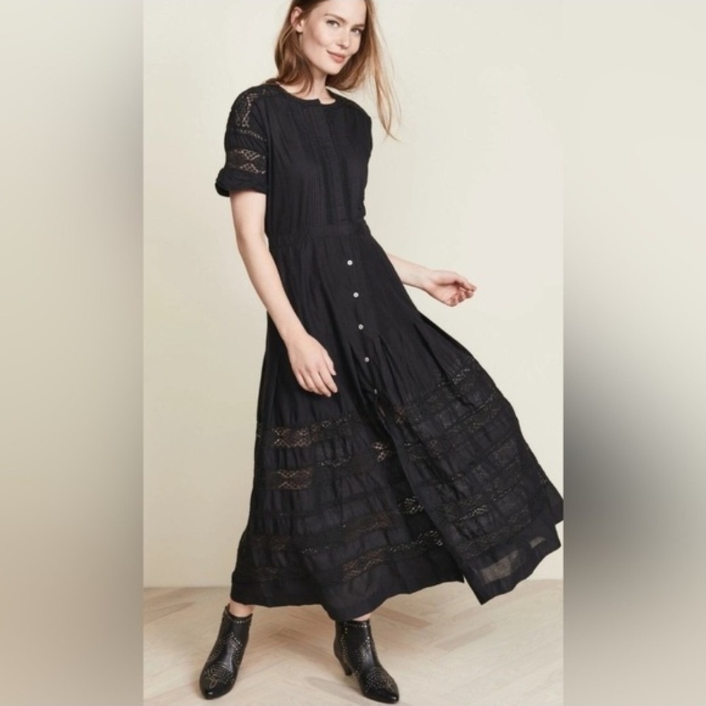 LoveShackFancy Edie Black Maxi Dress Cotton Poplin Button Down Boho Size Small